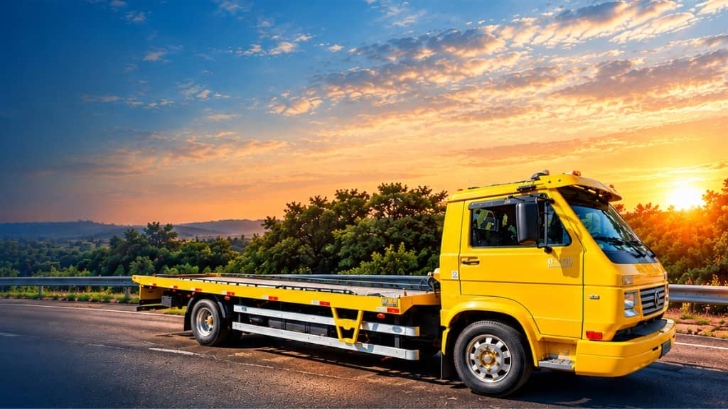 Guincho plataforma amarelo da FM Auto Socorro ao entardecer